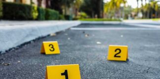 crime scene with yellow and black markers