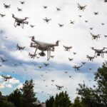 drones in a swarm against a cloudy sky