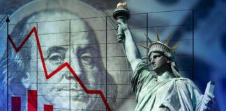 images of ben franklin and the statue of liberty behind a graph indicating economic downturn