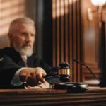 Judge holding gavel in a courtroom setting.