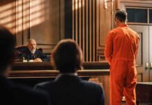 Man in orange jumpsuit stands in courtroom facing judge