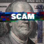 Glitch effect with word scam on dollar bill