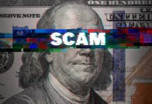 Glitch effect with word scam on dollar bill