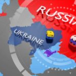 Map showing Ukraine and Russia with dice on top