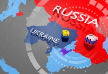 Map showing Ukraine and Russia with dice on top