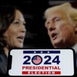 Phone displaying 2024 Presidential Election in foreground