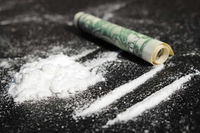 Powder lines, rolled dollar bill on black surface