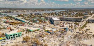 Aerial view of damaged buildings and debris