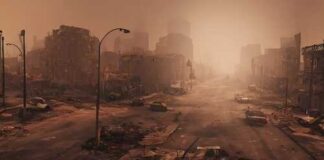 Desolate city street with ruined buildings and abandoned cars.