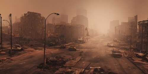 shutterstock_2193241083.jpg featured image Desolate city street with ruined buildings and abandoned cars.