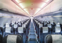 Empty airplane cabin with rows of seats