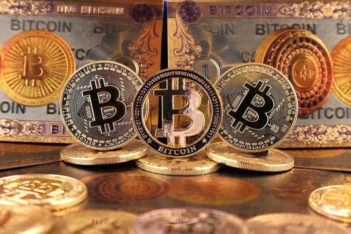 1930952738 Bitcoin coins and bills displayed closely
