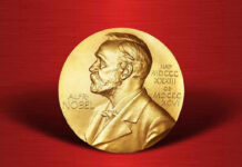 Gold Nobel Prize medal on red background