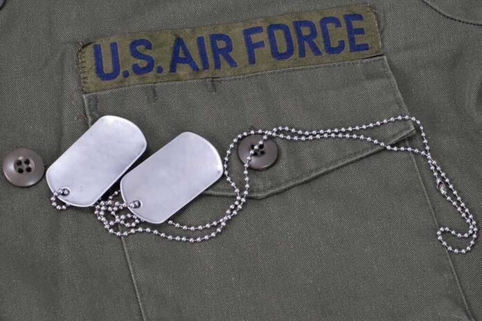 Closeup of a US Air Force uniform with dog tags