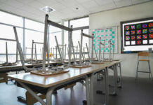 Empty classroom with chairs on top of desks