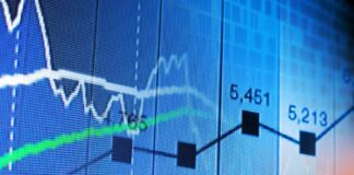 Close-up of a financial graph displaying stock market trends