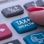 State Tax Plan Backfires — Donors Exempt! Finger pressing calculator tax and wealth button