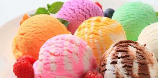 A plate of colorful ice cream scoops with fresh raspberries and mint leaves