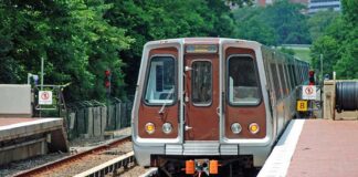 Metro train arriving at a station surrounded by greenery