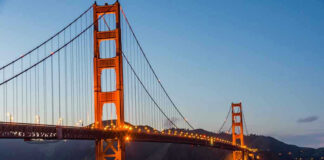 Golden Gate Bridge at dusk with lights on.