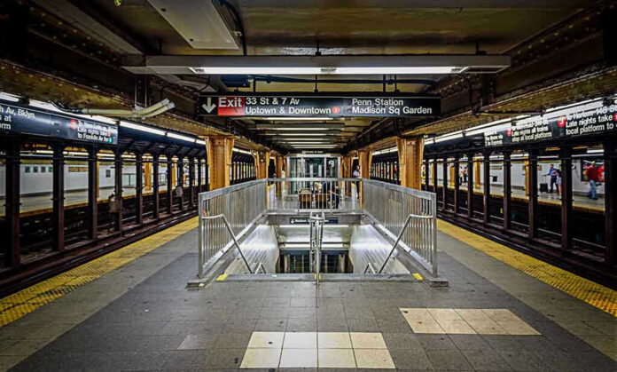 Subway station platform with directional signs overhead.