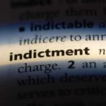 Close-up of a dictionary page showing the word indictment and its definition