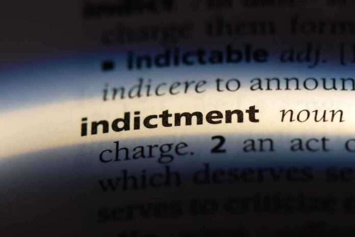 Close-up of a dictionary page showing the word indictment and its definition