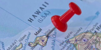 Red pin marking location on Hawaii map.