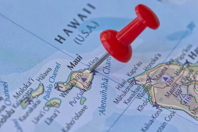 Red pin marking location on Hawaii map.