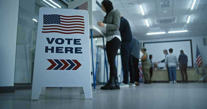 Sign reading Vote Here in a polling station.