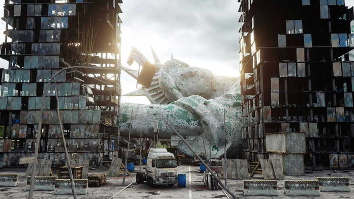 Rusted fallen statue amidst dilapidated buildings and debris