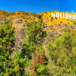 Hollywood sign on hillside with trees in foreground.