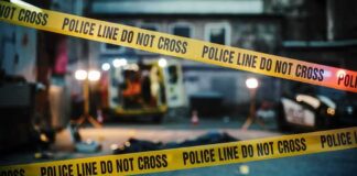 Police line marking a crime scene with emergency lights in the background