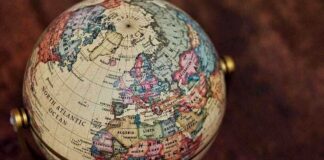 A vintage globe displaying various countries and oceans