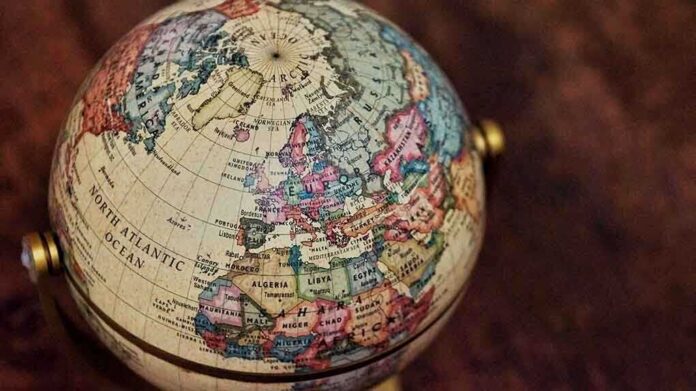 A vintage globe displaying various countries and oceans