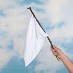Hand holding white flag against a blue sky.