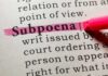 Highlighted definition of 'subpoena' in a dictionary