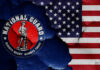 National Guard logo over a distressed American flag.
