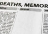 Newspaper obituary section with death notices.