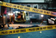Police line marking a crime scene with emergency lights in the background