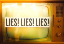 A vintage television displaying the repeated phrase 'LIES LIES LIES'