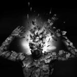 A fragmented human figure with an exploding head in a black and white setting