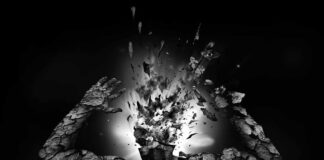 A fragmented human figure with an exploding head in a black and white setting