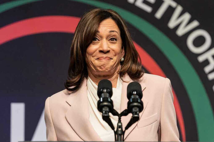 2289228701 Woman smiling behind two microphones on a podium.