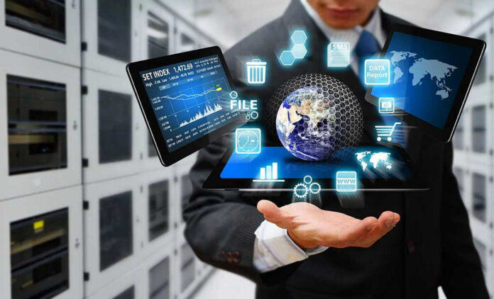 152663261 Businessman holding virtual data and analytics hologram.