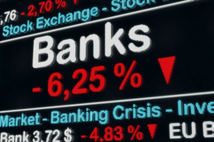 Stock exchange displays bank crisis percentage decrease.