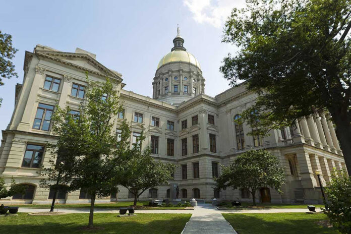 Historic building with a gold dome and surrounding trees.