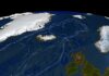 Satellite view of North Atlantic with ocean current paths