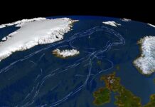 Satellite view of North Atlantic with ocean current paths