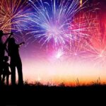 Wild Tribute: Japan Marks America 250 With Fireworks Silhouetted figures watching a colorful fireworks display against a twilight sky